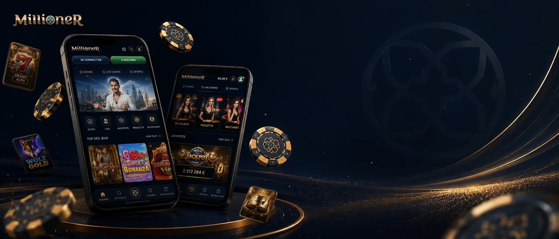 Aperçu mobile Millioner Casino avec jeux et jetons dorés