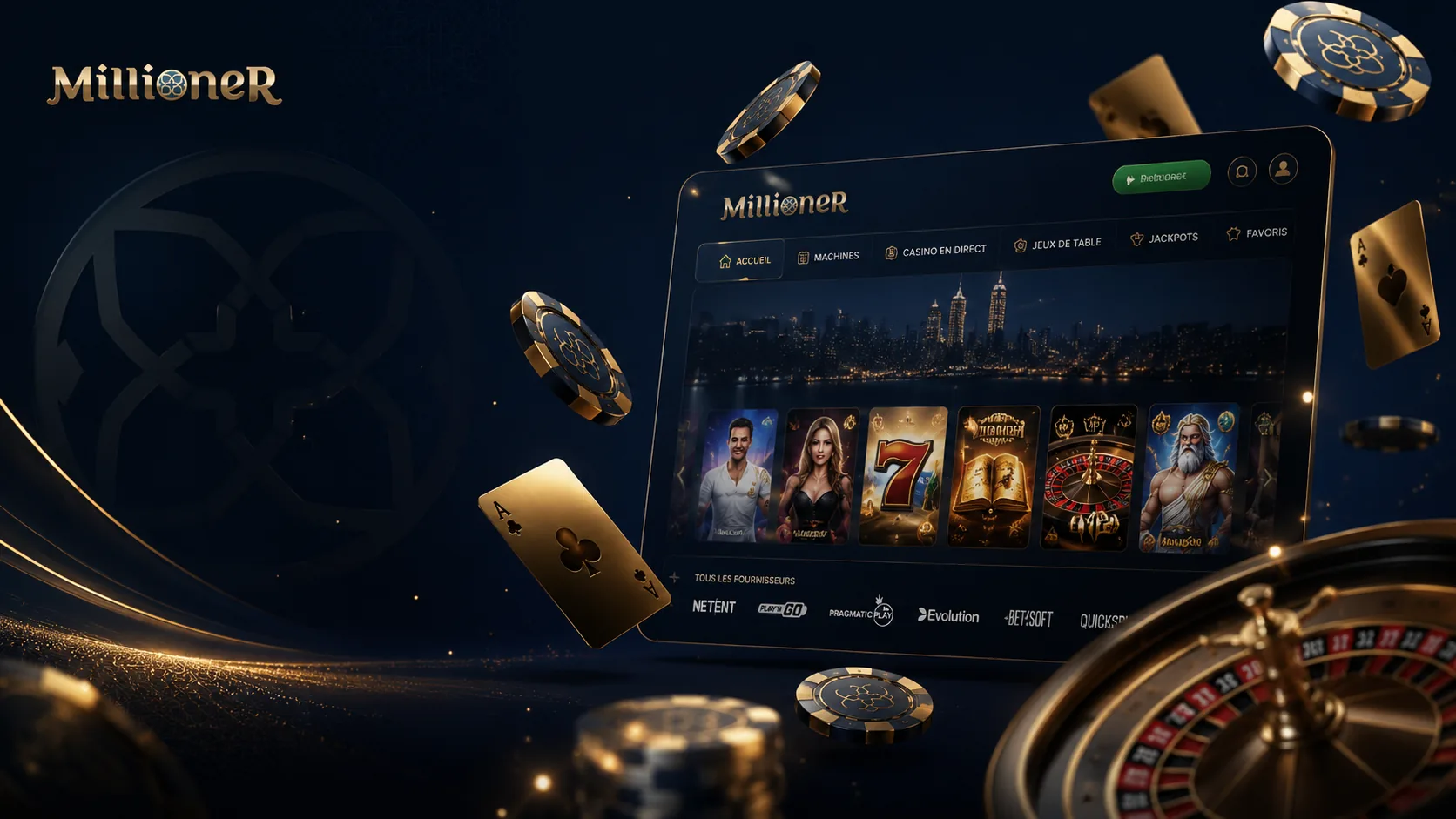 Lobby live Millioner Casino avec tables et roulette