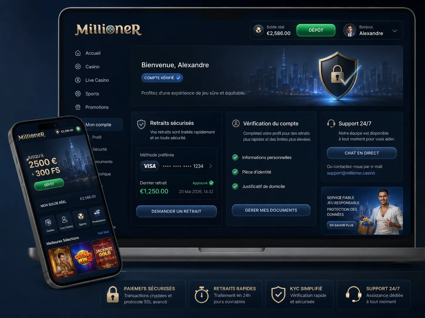 Compte mobile Millioner Casino avec solde, bonus et caisse