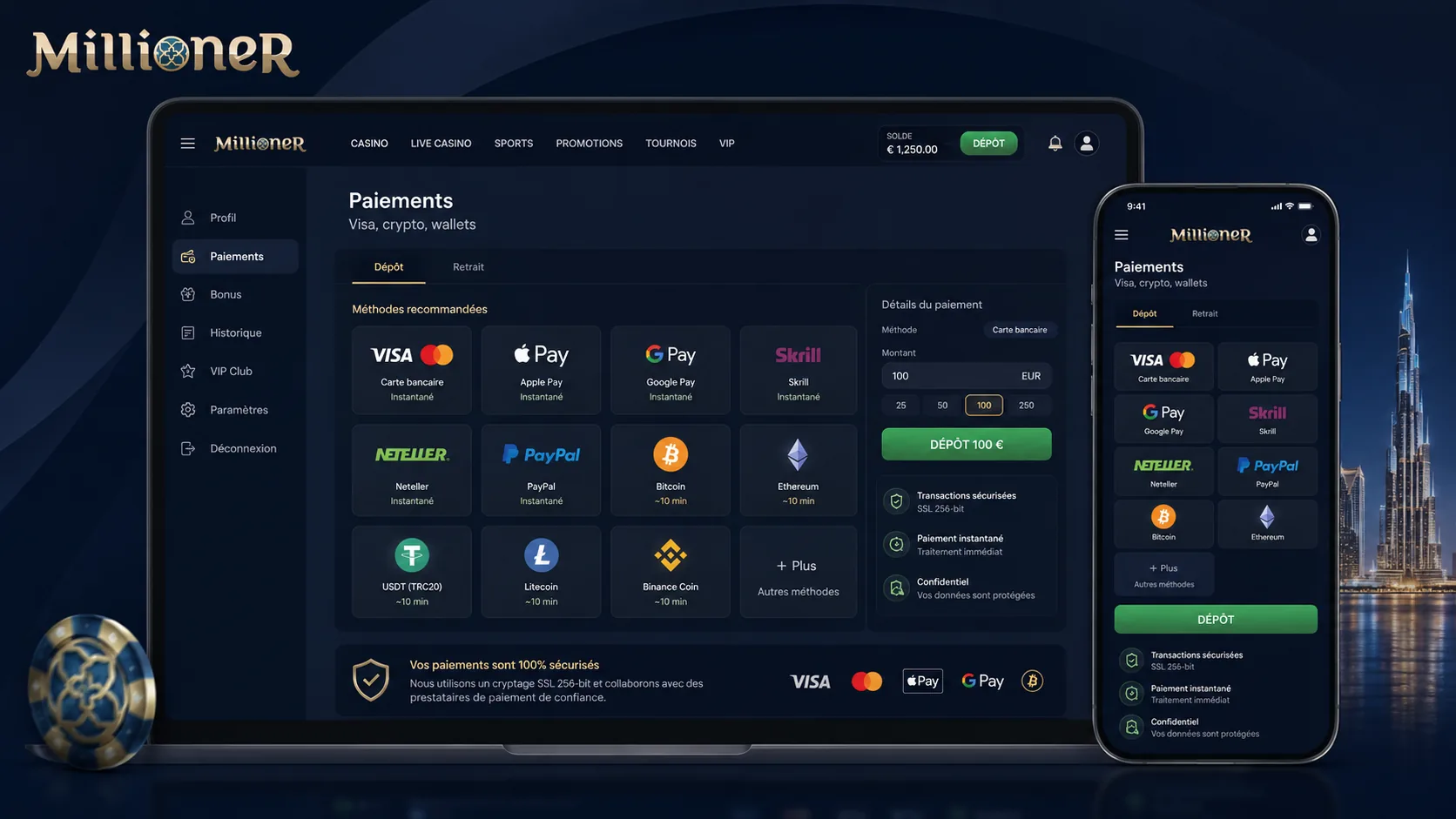 Paiements Millioner Casino sur desktop et mobile