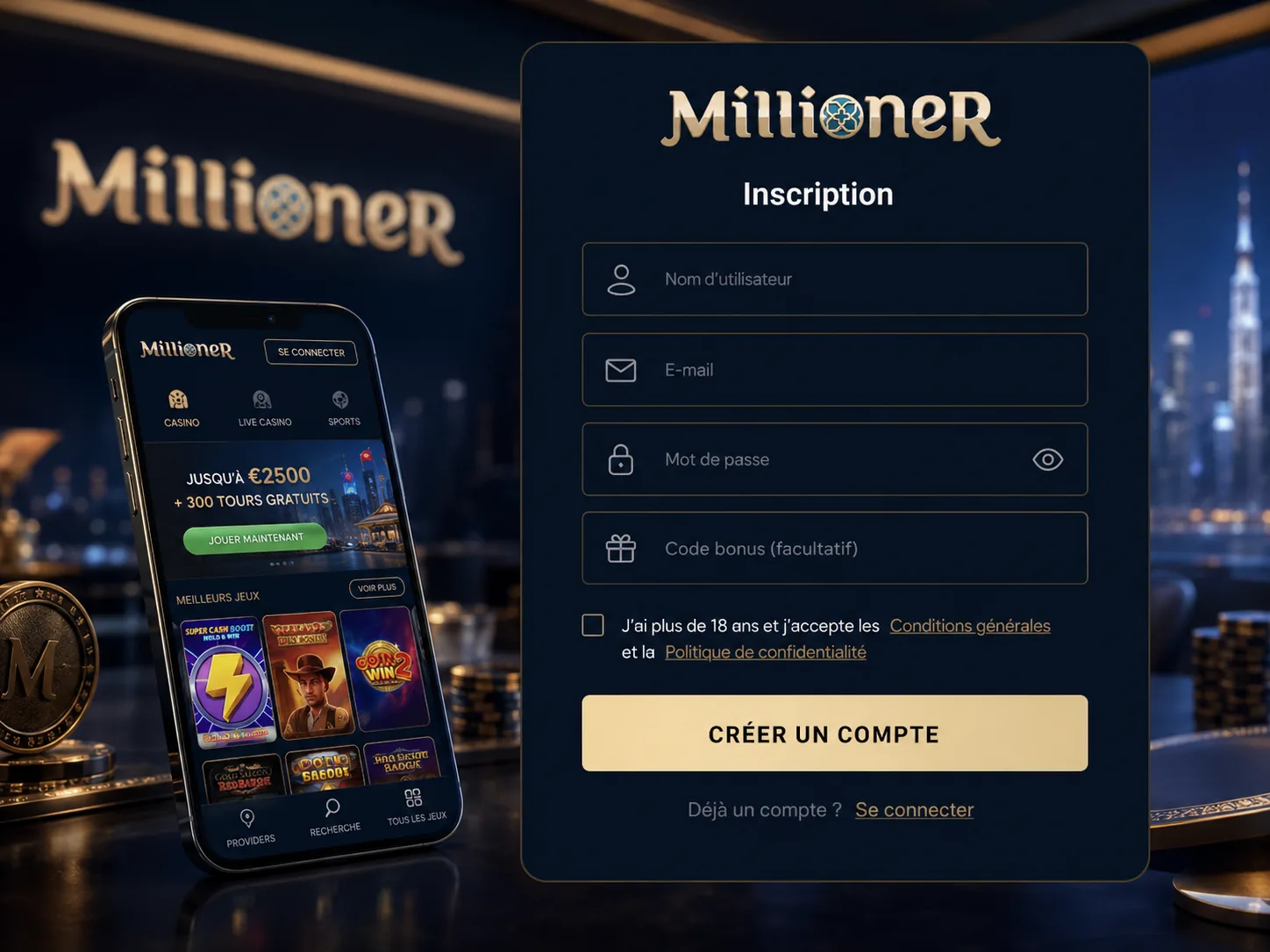 Formulaire inscription Millioner Casino